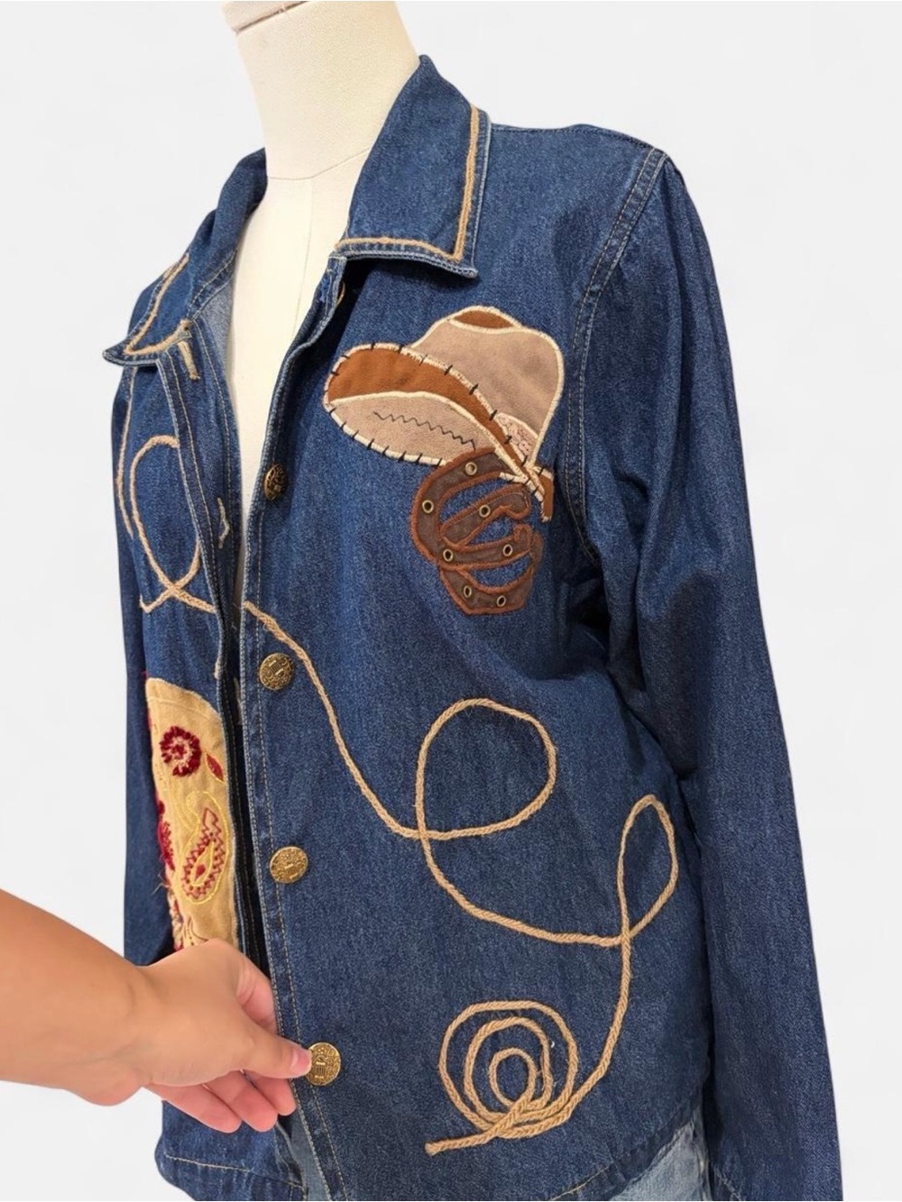 Embroidered Dark Blue Denim Shirt Jacket with Western Appliqué - Picture 3 of 6